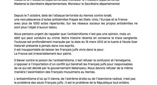 Poursuivons notre mobilisation contre l’antisémitisme et tous les racismes